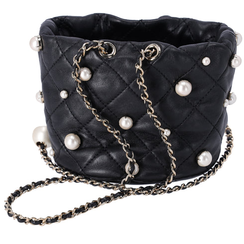 CHANEL About Pearls Drawstring Mini Bucket Bag Black Lambskin